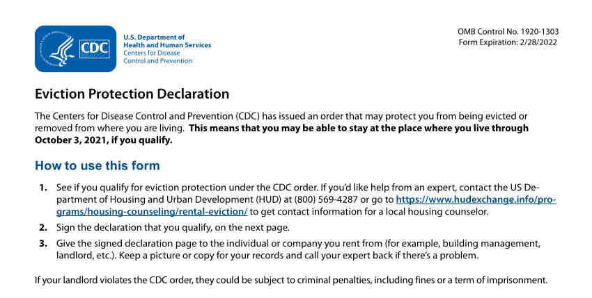 The top half of the first page of an evictions moratorium form from the CDC that was issued on August 3rd, 2021 and protects tenants through October 3rd, 2021. Tenants are expected to download the pdf from the cdc website, fill it out, and give it to their landlords.